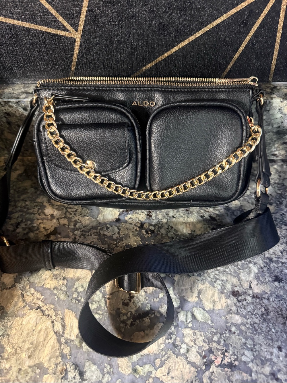 ALDO Black Pebbled Crossbody with Gold Chain
